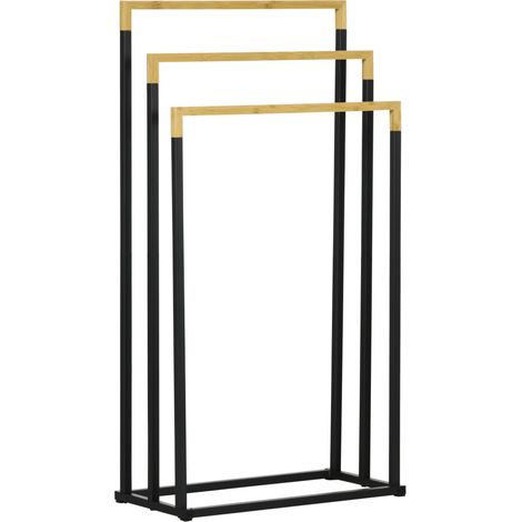 Porte-serviettes sur pied en acier et bambou noir avec 3 barres pour salle de bain (1/5)