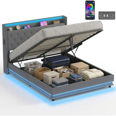 HOMCOM Lift up Storage Bed Frame with RGB LED Lights, 150 x 200cm, Dark Grey