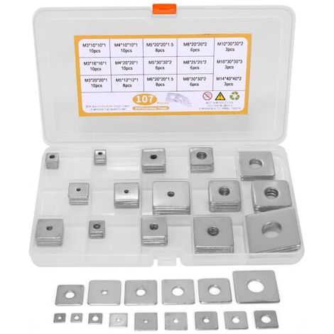 Lot de 107 rondelles carrées M3 M4 M5 M6 M8 M10 M14 en acier inoxydable avec trou rond Rondelles carrées pour boulons et tiges filetées (1/5)