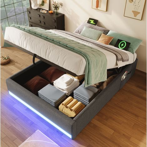 Lit rembourré moderne en lin gris 90x200 cm avec LED, USB et Type-C, coffre de rangement hydraulique et poches latérales (1/5)