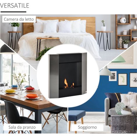 Cheminée à bioéthanol murale 0,7L, chauffage pour pièce jusqu'à 20m², acier, dimensions 72x11x72 cm, coloris argent et noir (1/5)