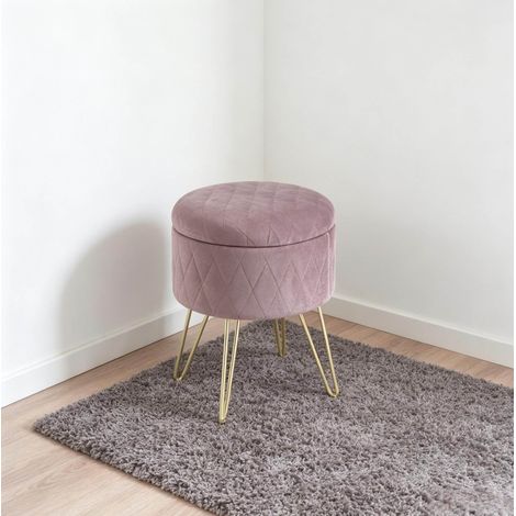 Pouf contenitore rotondo in velluto rosa rosso con base in metallo, 31,5 x 31,5 x 36 cm (1/5)