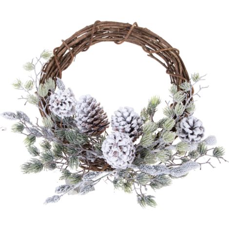 Corona di legno decorata con pigne e neve Ø 46 cm per interni ed esterni (1/2)
