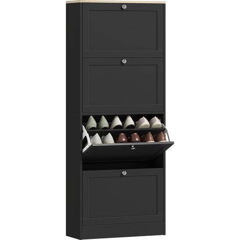 Schuhaufbewahrung für 24 Paar Schuhe mit 4 Klappschubladen, verstellbaren Einlegeböden, Maße 60 x 23,5 x 151 cm, schwarz