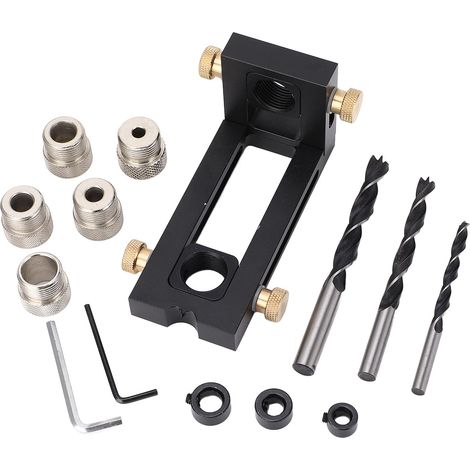 Verstellbare Bohrschablone für Holzbearbeitung, 5 Löcher für Durchmesser von 6, 8, 10, 12 und 15 mm, Bohrerset zur Dübelbefestigung (1/5)