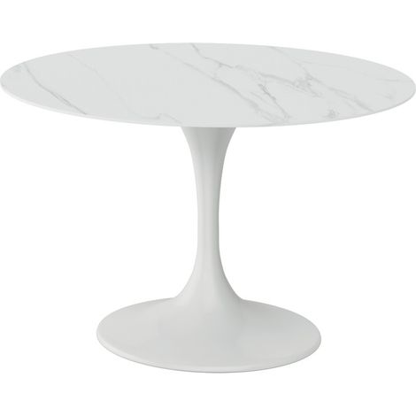 Tavolo Side Fisso Rotondo 120cm, Piano in Ceramica Marmo Bianco e Struttura in Metallo Bianco, Design Minimale - Tavolo Moderno (1/3)