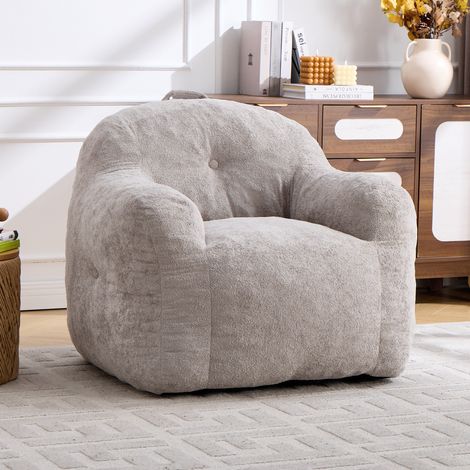 Fauteuil poire en fausse fourrure, avec accoudoirs, rembourrage en mousse déchiquetée, gris clair (1/5)