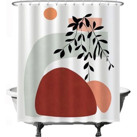 Duschvorhang – Abstraktes Sonnenberg-Motiv im Bohemian-Stil – 180 x 200 cm – Schimmelresistent – Waschbar – Wasserdicht – mit 12 Ringen – Rot, Orange, Grün
