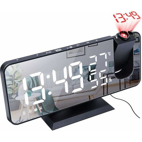 Réveil à Projection pour Chambre à Coucher Grand écran Miroir LED 7,4 '' et Radio réveil à 4 Gradateurs avec Chargement USB Rotatif à 180 ° 2 Sons Noir Blanc (1/4)