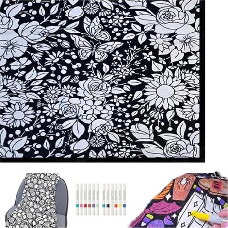 Couverture à colorier DIY – 150 x 125 cm – 12 feutres – Velours lavable – Motif floral – Confort et créativité (1/5)