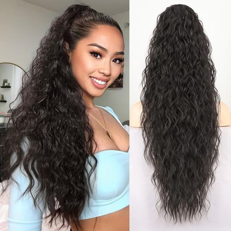 Extension queue de cheval de luxe - Perruque ondulée effet mouillé - Perruque longue pour femme - Fixation par pince et cordon - 75 cm - 220 g - Brun foncé (1/5)