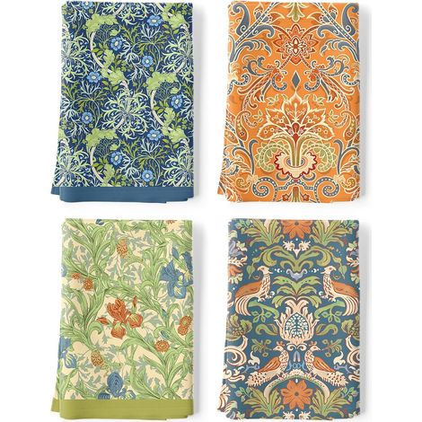 Torchons de Cuisine Boho Fleurs Lot de 4, Main Absorbante 100% Coton Torchon Rétro Vaisselle Saisonnier Cadeaux pour Crémaillère Et Décoratif 48 Cm X 70 Cm (1/5)