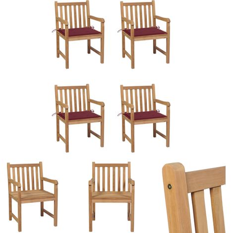 Holzstühle - vidaXL Gartenstühle 4 Stk. mit Weinroten Kissen Massivholz Teak - Weinrot (1/5)