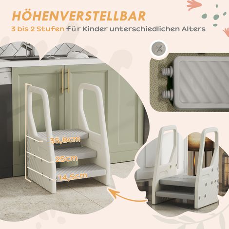 Kindertritthocker, höhenverstellbar (von 3 auf 2 Stufen), mit Griff, rutschfest, für verschiedene Räume geeignet, Kunststoff, grau. (1/5)