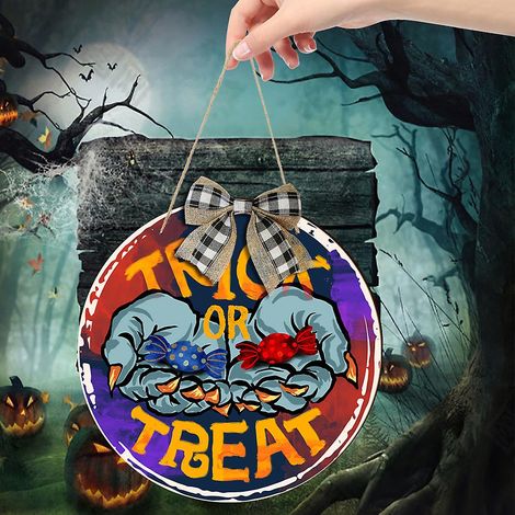Décoration murale d'Halloween avec cordon et nœud en toile de jute pour porte d'entrée, panneau en bois, décoration intérieure et extérieure pour les fêtes (1/4)