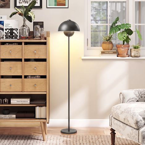 Lampadaire sur pied gris métal élégant, abat‑jour rond, interrupteur à pied, câble long pour salon (1/5)