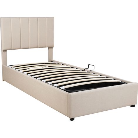 Letto per Bambini Contenitore 90 x 200 cm, Letto Singolo con Vano Idraulico e Testiera Regolabile, senza Materasso, Beige (1/4)