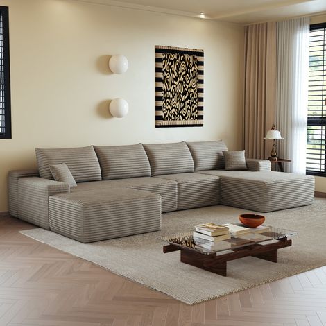 Sofá esquinero modular 340 cm con chaise longue, sin montaje, tejido de pana camel OKMYHOME (1/5)