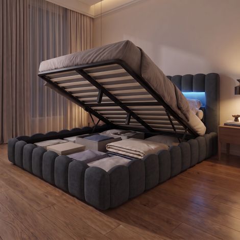 Lit coffre double 140x200 cm avec éclairage LED et USB, lit adulte capitonné en lin, moderne, Gris foncé