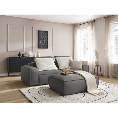 BOBOCHIC - Canapé droit fixe 3 places ultra moelleux BOHEME cuir végan avec pouf Gris foncé (1/5)