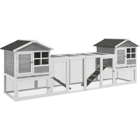 Kleintierstall, Kaninchenstall, Außengehege, Stall, Rampe, ausziehbare Bodenwannen, Weiß + Grau 
On-Site (1/5)