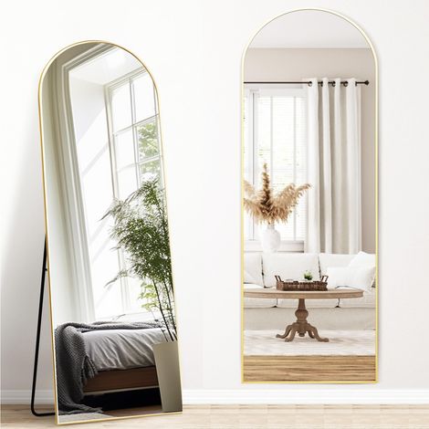 Miroir Pleine Longueur, Arc, 147 x 44 cm, Grand Miroir autoportant, Cadre en Aluminium, doré, pour Dressing, Salon, Chambre à Coucher (1/5)