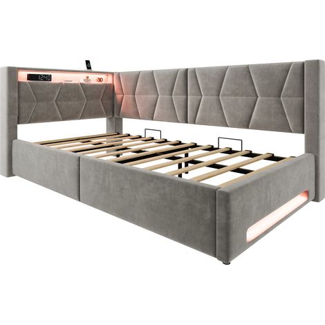 Letto contenitore 90x200 cm in velluto grigio con LED, USB Type-C, rete - HOMVRA (1/5)