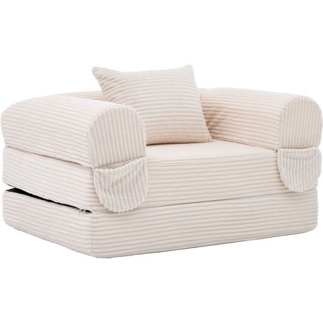 Canapé-lit convertible 1 place en velours côtelé beige, fauteuil pliable 2-en-1 pour salon, chambre et couchage d’appoint compact (1/5)