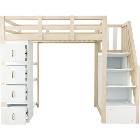 Lit mezzanine 90x200 multifonction, lit en bois massif avec tiroirs de rangement et escalier sécurisé, couleur bois naturel (1/5)