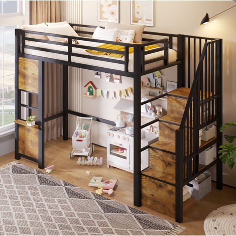 Cama alta 90x200 cm de metal y MDF con escalera de almacenaje negra HAVRYA (1/5)