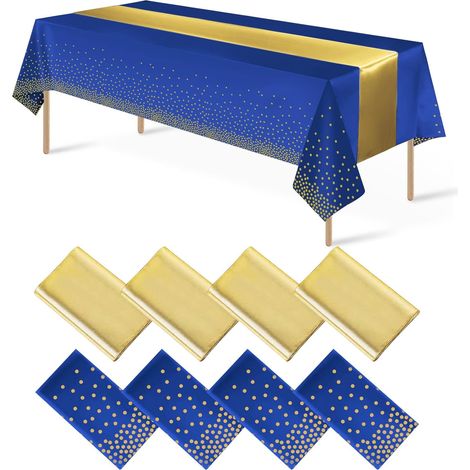 Nappe Jetable En Plastique - Nappe Rectangulaire 137 X 274 Cm Et Chemin De Table En Satin 30 X 274 Cm - Bleu Et Or - Lot De 8 Pièces (1/5)