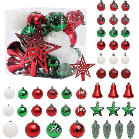 Boules de Noël (58 pièces), décoration intérieure de Noël : boules rouges, blanches et vertes, décoration pour sapin de Noël (rouge). (1/4)