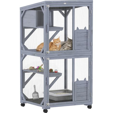 PawHut Outdoor Catio, Wooden Cat House on Exercise Wheels Indoor Outdoor