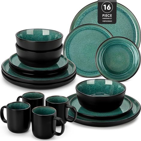 Playa Ensembles de vaisselle tasses, services de table grès moderne, service de table assiettes, assiette à dessert, bols à céréales, micro-ondes lave-vaisselle, vert (1/5)