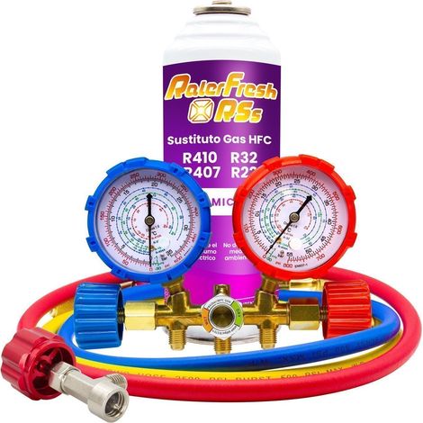 Gas refrigerante Ralerfresh RSs sustituto de R410, R32, R407 y R22 mas Llave, Mangueras, Manometro Compacto