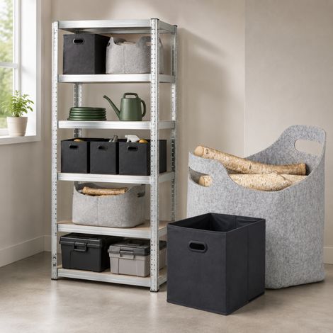 Set da casa per lo stoccaggio ad alta resistenza (3 pezzi) – Scatole antracite, cesto in feltro e scaffale in acciaio a 5 ripiani (1/5)