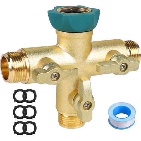 Distributeur d'eau de Jardin en Laiton 3/4 Pouce Raccord de Tuyau à 3 Voies en T avec vanne d'arrêt, Distributeur Laiton pour Tuyau arrosage 6 Joints Silicone et 1 Bande d'étanchéité (1/5)