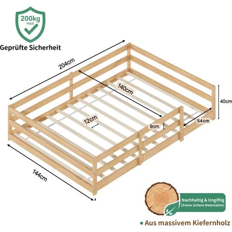 Lit Montessori en bois massif avec bordure – Montage facile, sans sommier, au ras du sol (140x200 cm, naturel) (1/5)