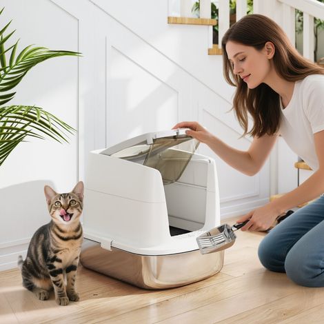 Toilettage pour chats en acier inoxydable, toilettes fermées pour chats avec pelle, sac à odeur, entrée et sortie (1/5)