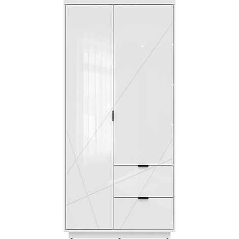 Armoire à double porte avec 2 tiroirs , coloris Blanc brillant/Blanc haute brillance - Longueur 94 x Profondeur 56,5 x Hauteur 200,5 cm (1/5)
