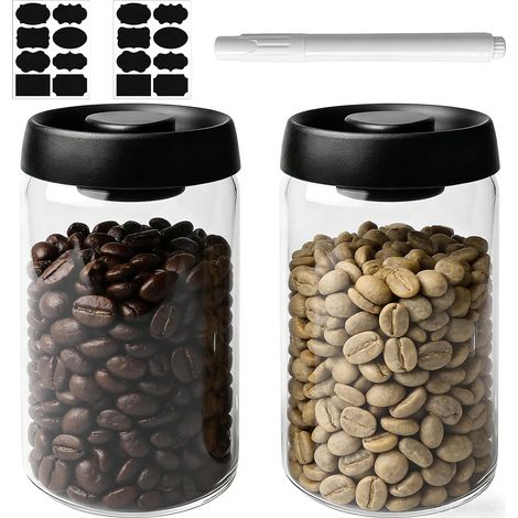 Lot de 2 boîtes à café hermétiques de 1,2 l en verre avec couvercle noir et bouton doré, boîte de rangement sous vide pour grains de café, thé, noix (1/5)