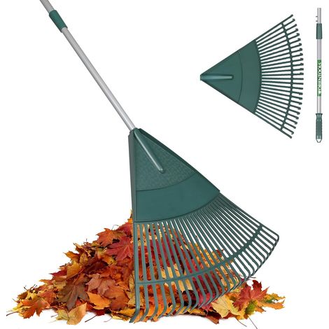 Râteau de Jardin Réglable Vert 26 Dents, Tête Plastique et Manche Acier, Outil Léger pour Feuilles et Débris, Idéal Entretien Pelouse (1/5)