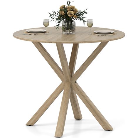 COSTWAY 90CM Wood Dining Table Round Kitchen Table for 2-4 People-Brown (1/5)