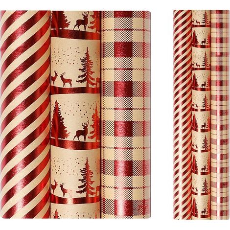 3 rollos de papel de regalo navideño Kraft vintage de 17 pulgadas x 10 pies (42 pies cuadrados en total) – Para niños, hombres, mujeres y niñas (1/5)
