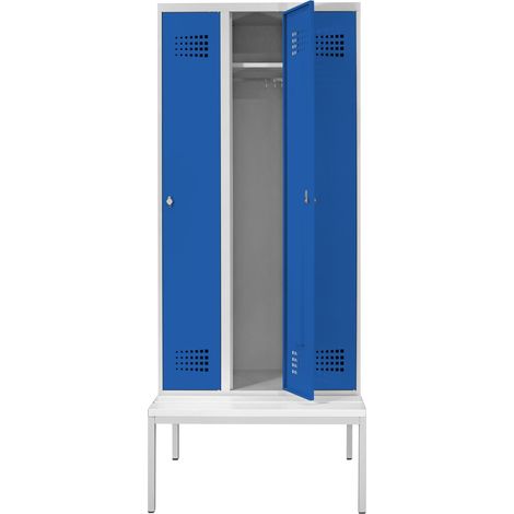 STIER Garderobenspind Premium mit Sitzbankuntergestell 3 Abteile Drehriegel lichtgrau/enzianblau