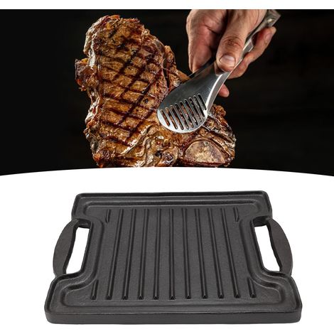 [Placa para parrilla] Rejilla rectangular de hierro fundido que distribuye el calor de manera uniforme y es ideal para carne, mariscos y verduras. (1/5)