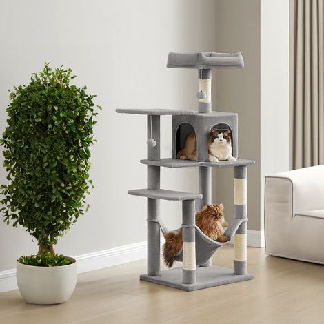 Tour de Jeux pour Chats 137,7 cm, 4 Poteaux à Griffer, 2 Pompons, 1 Hamac, 2 Plateformes, 1 Niche, Gris Clair (1/5)