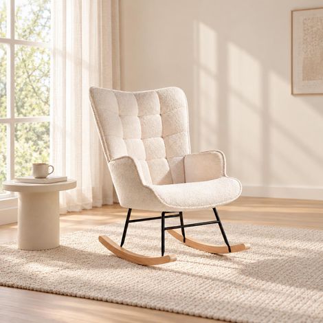 Mecedora de lactancia sillón balancín tapizado en borreguito bouclé, Estilo boho con respaldo alto 92 cm y patas de madera maciza, Beige (1/5)