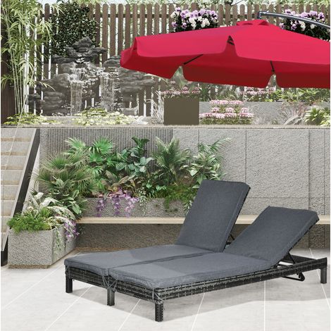 Bain de soleil double en polyrattan avec 2 dossiers réglables 196x120x28 cm gris REDOM (1/5)