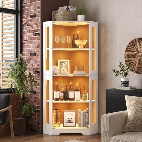 Buffet vitrine 40x40x165 cm en MDF blanc, avec rangement LED, pour cuisine FloraGrace (1/5)